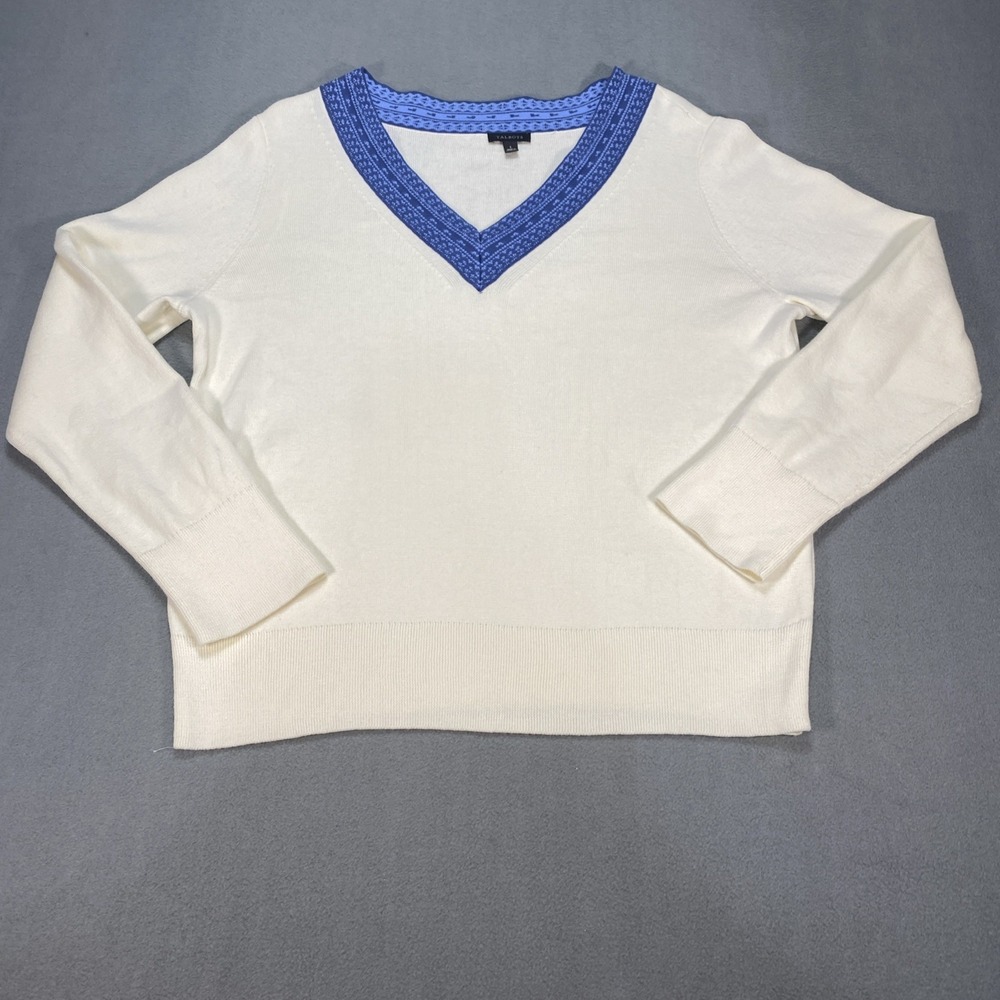 Talbots Rib Knit Sweater Large Ivory Contrast Blue Trim Pullover Layer Ready